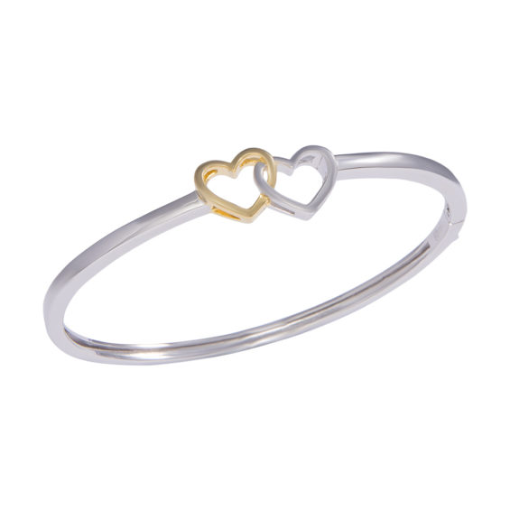 Two tone silver bangle with two heart intertwined