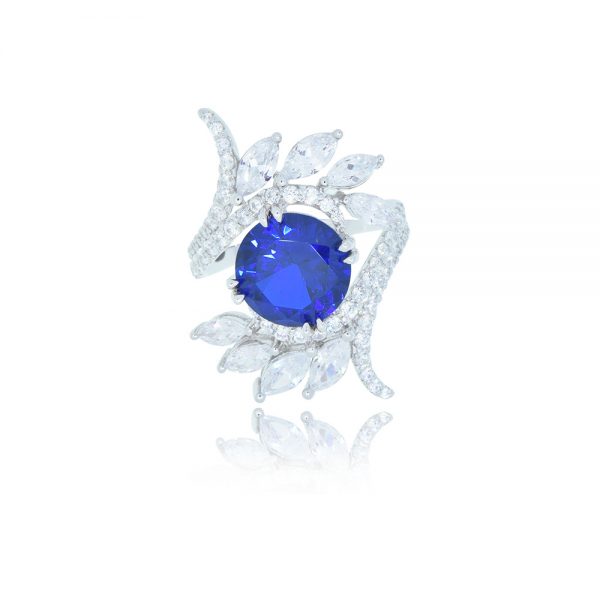 Classic style silver ring with a large sapphire blue round cut cubic zirconia